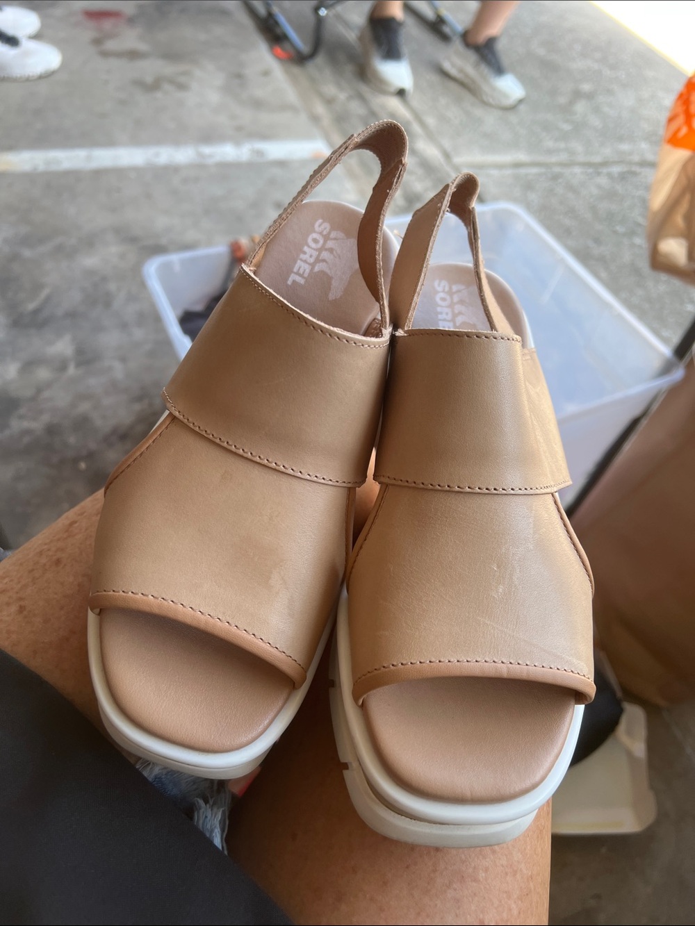 Sorel Beige/Tan Leather Slingback Platform Sandals